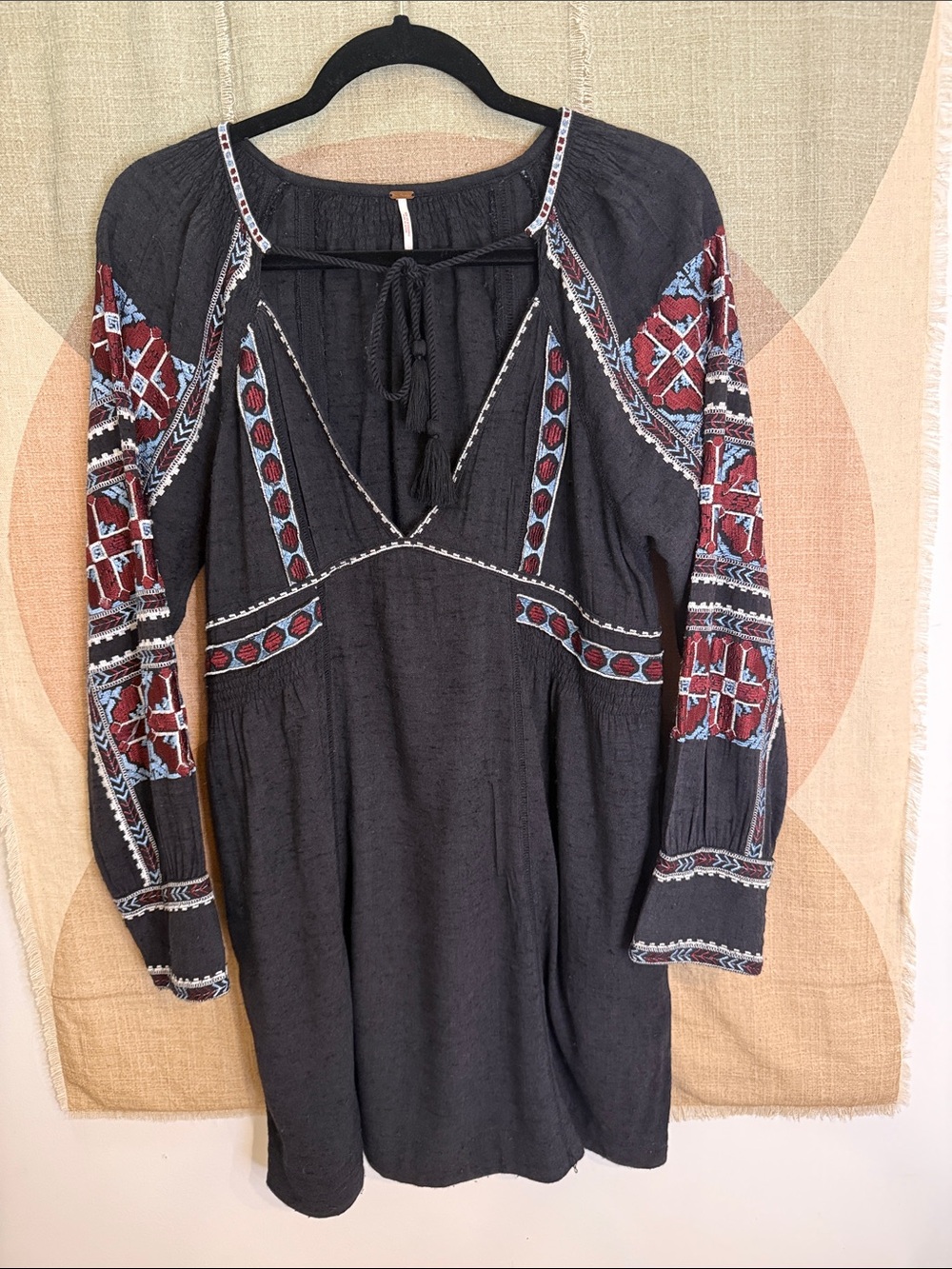Free People Black Mini Dress with Red and Blue Embroidery